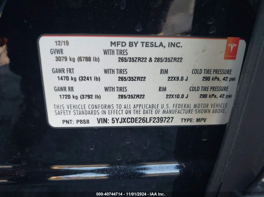 2020 Tesla Model X Long Range Dual Motor All-Wheel Drive/Long Range Plus Dual Motor All-Wheel Drive VIN: 5YJXCDE26LF239727 Lot: 40744714