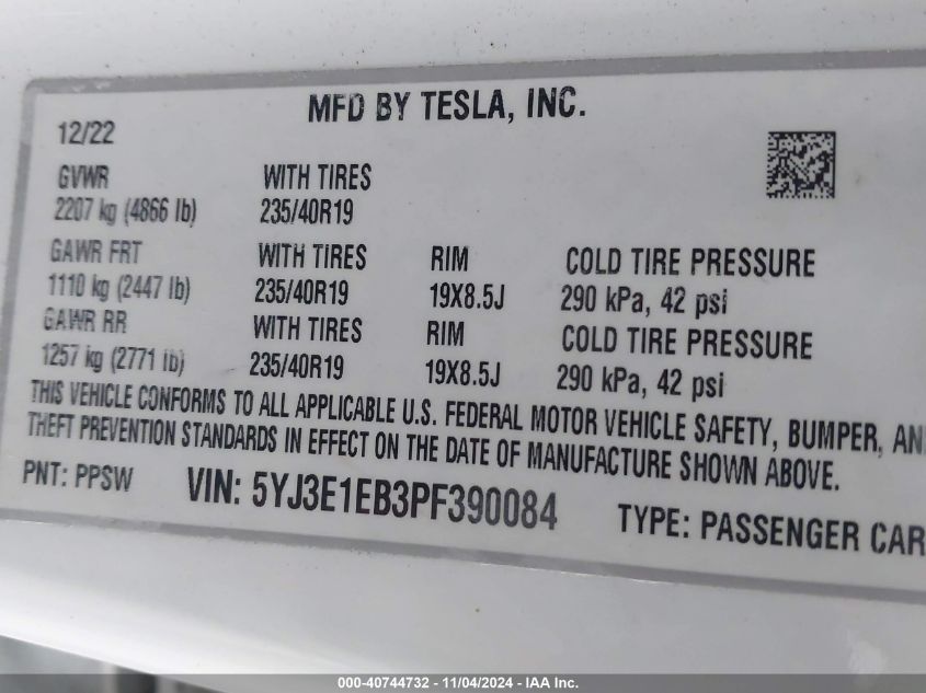 2023 TESLA MODEL 3 LONG RANGE DUAL MOTOR ALL-WHEEL DRIVE - 5YJ3E1EB3PF390084