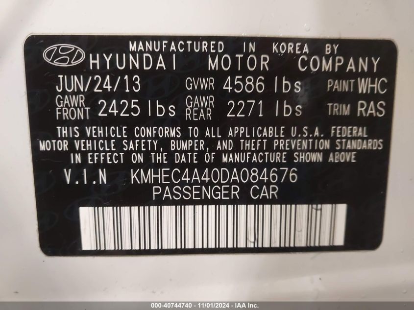 2013 Hyundai Sonata Hybrid VIN: KMHEC4A40DA084676 Lot: 40744740