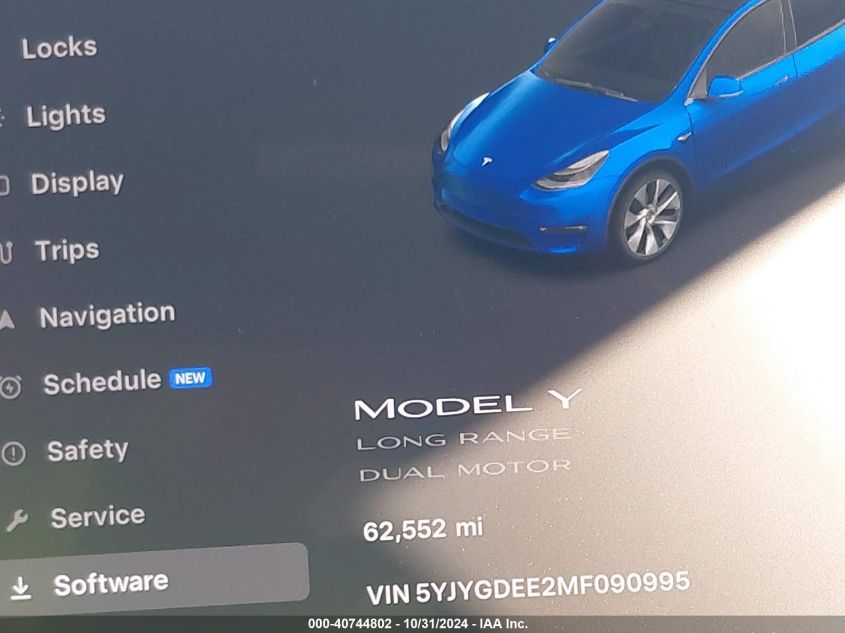 2021 Tesla Model Y Long Range Dual Motor All-Wheel Drive VIN: 5YJYGDEE2MF090995 Lot: 40744802