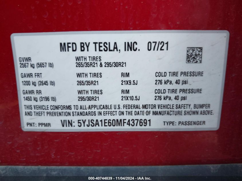 2021 Tesla Model S Plaid Tri Motor All-Wheel Drive VIN: 5YJSA1E60MF437691 Lot: 40744839