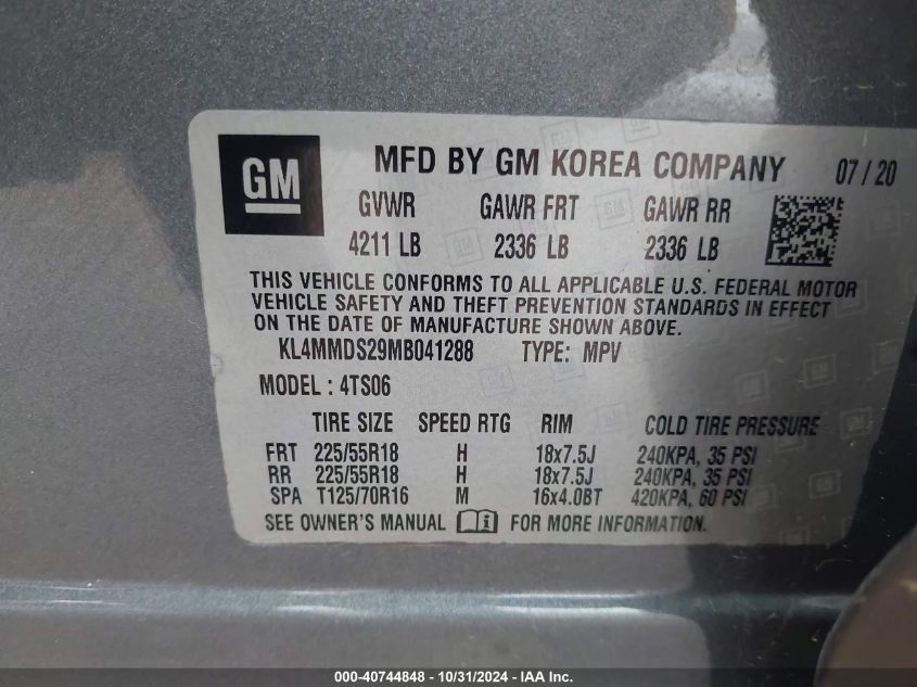 2021 Buick Encore Gx Fwd Select VIN: KL4MMDS29MB041288 Lot: 40744848