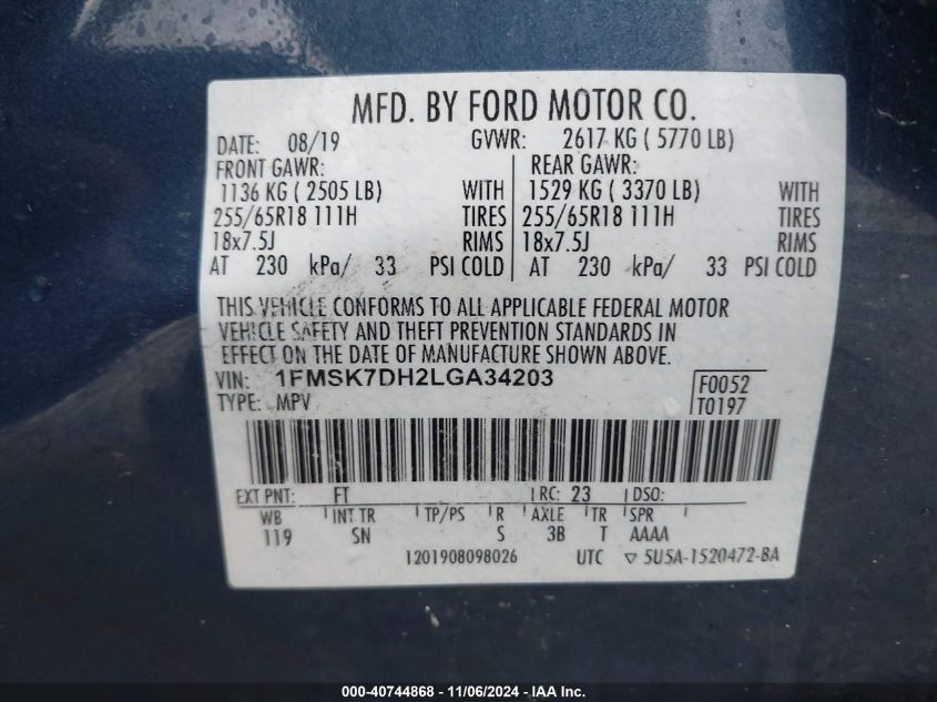 2020 Ford Explorer Xlt VIN: 1FMSK7DH2LGA34203 Lot: 40744868