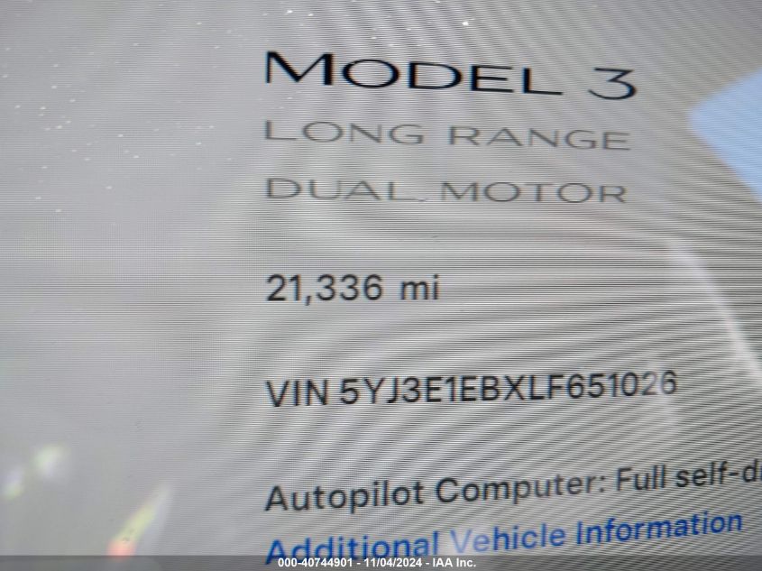 2020 Tesla Model 3 Long Range Dual Motor All-Wheel Drive VIN: 5YJ3E1EBXLF651026 Lot: 40744901