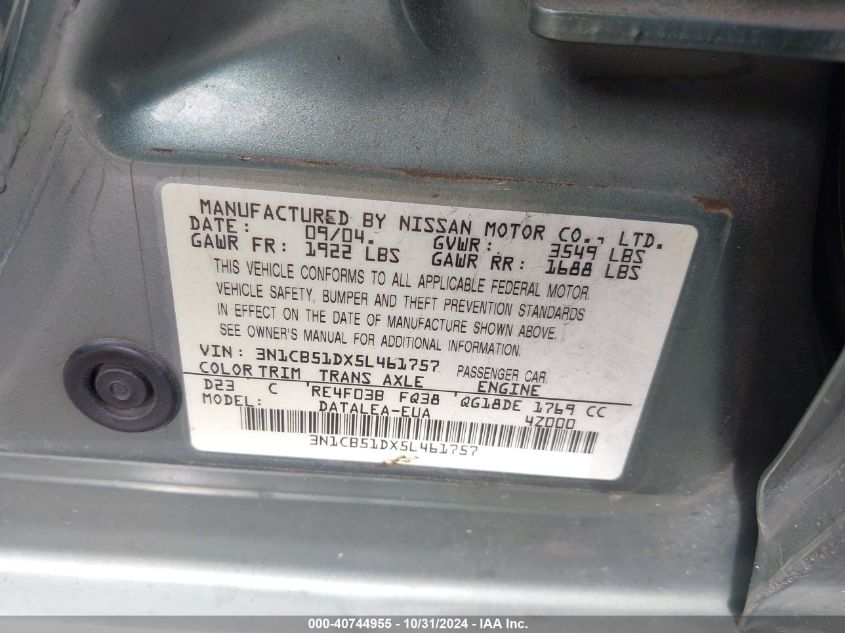 2005 Nissan Sentra 1.8S VIN: 3N1CB51DX5L461757 Lot: 40744955