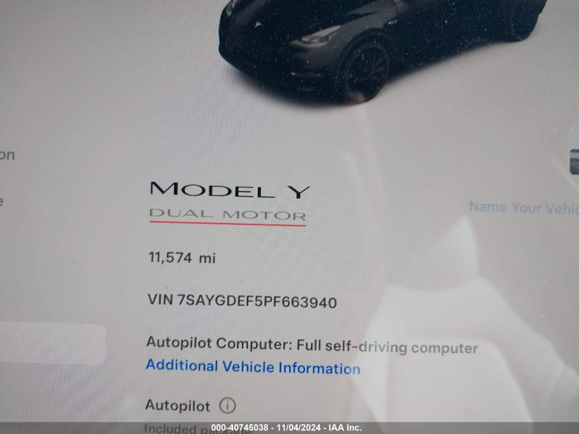 2023 Tesla Model Y Performance Dual Motor All-Wheel Drive VIN: 7SAYGDEF5PF663940 Lot: 40745038