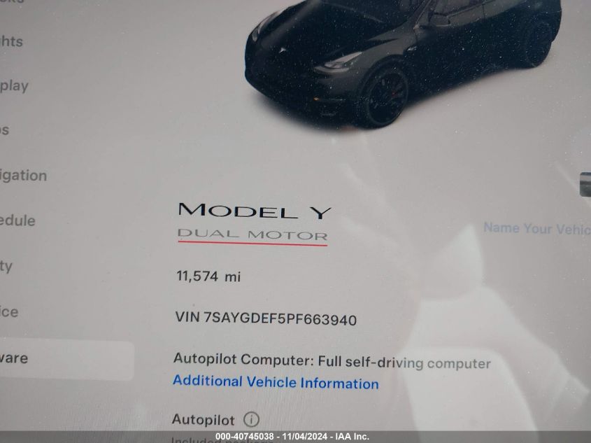 2023 Tesla Model Y Performance Dual Motor All-Wheel Drive VIN: 7SAYGDEF5PF663940 Lot: 40745038