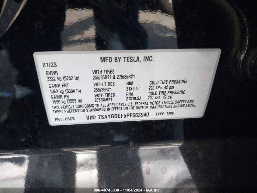 2023 Tesla Model Y Performance Dual Motor All-Wheel Drive VIN: 7SAYGDEF5PF663940 Lot: 40745038