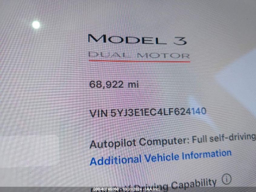 2020 Tesla Model 3 Performance Dual Motor All-Wheel Drive VIN: 5YJ3E1EC4LF624140 Lot: 40745050