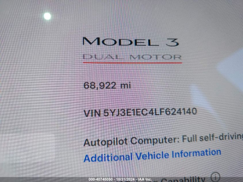 2020 Tesla Model 3 Performance Dual Motor All-Wheel Drive VIN: 5YJ3E1EC4LF624140 Lot: 40745050