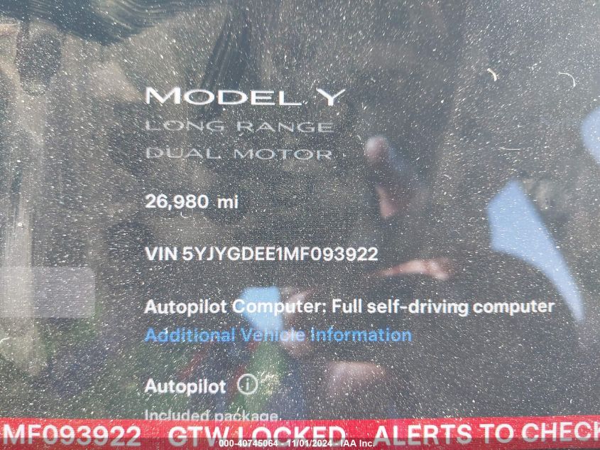 2021 Tesla Model Y Long Range Dual Motor All-Wheel Drive VIN: 5YJYGDEE1MF093922 Lot: 40745064