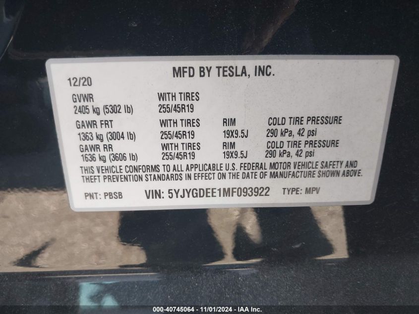 VIN 5YJYGDEE1MF093922 2021 Tesla Model Y, Long Rang... no.9