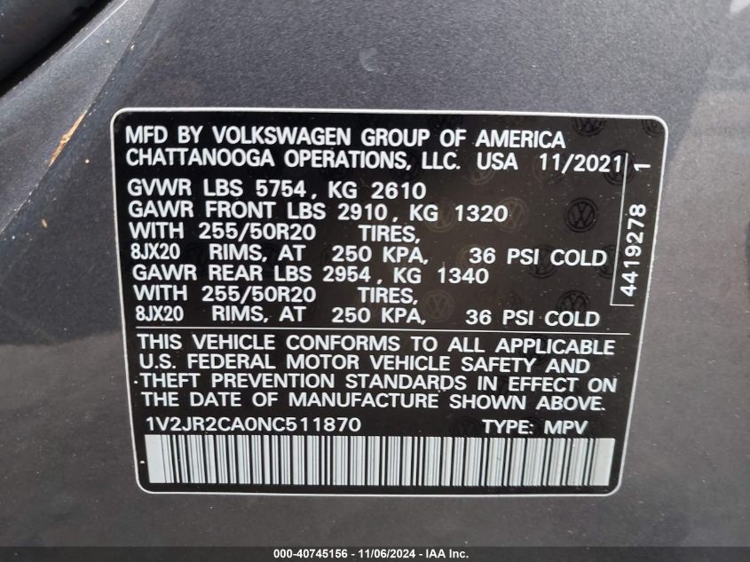 VIN 1V2JR2CA0NC511870 2022 Volkswagen Atlas, 3.6L V... no.9