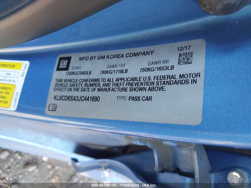 2018 CHEVROLET SPARK 1LT CVT - KL8CD6SA3JC441690