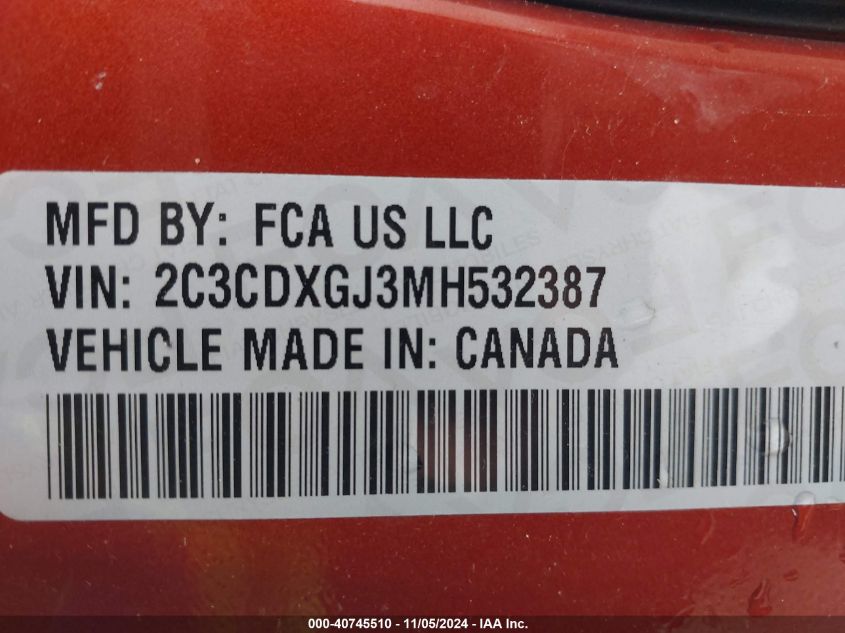 2021 Dodge Charger Scat Pack Rwd VIN: 2C3CDXGJ3MH532387 Lot: 40745510