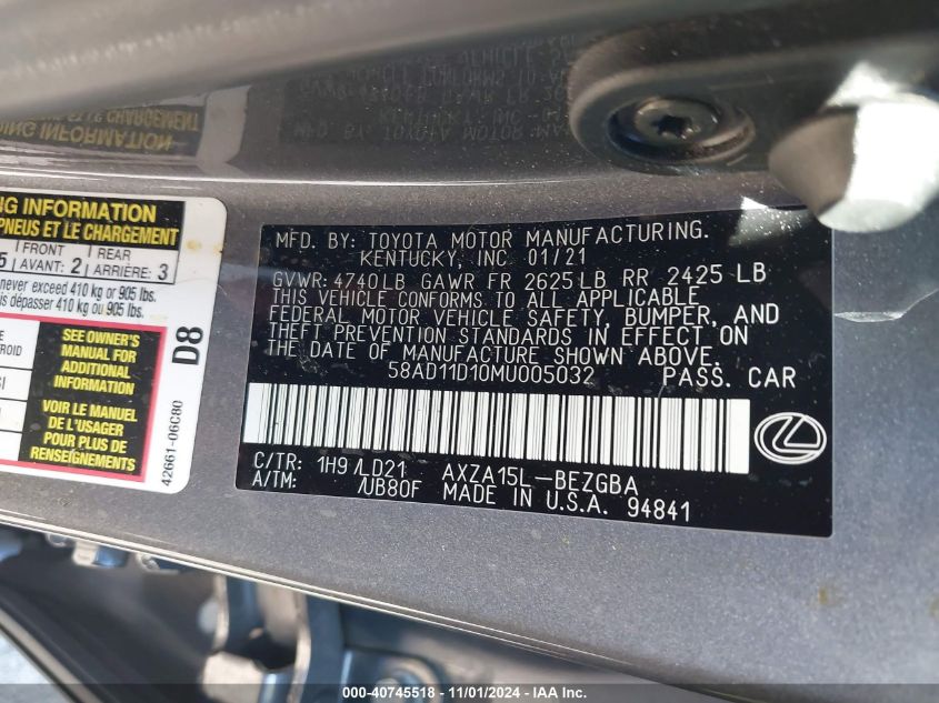 2021 Lexus Es 250 VIN: 58AD11D10MU005032 Lot: 40745518