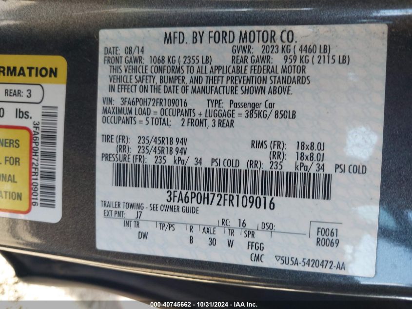 2015 FORD FUSION SE - 3FA6P0H72FR109016