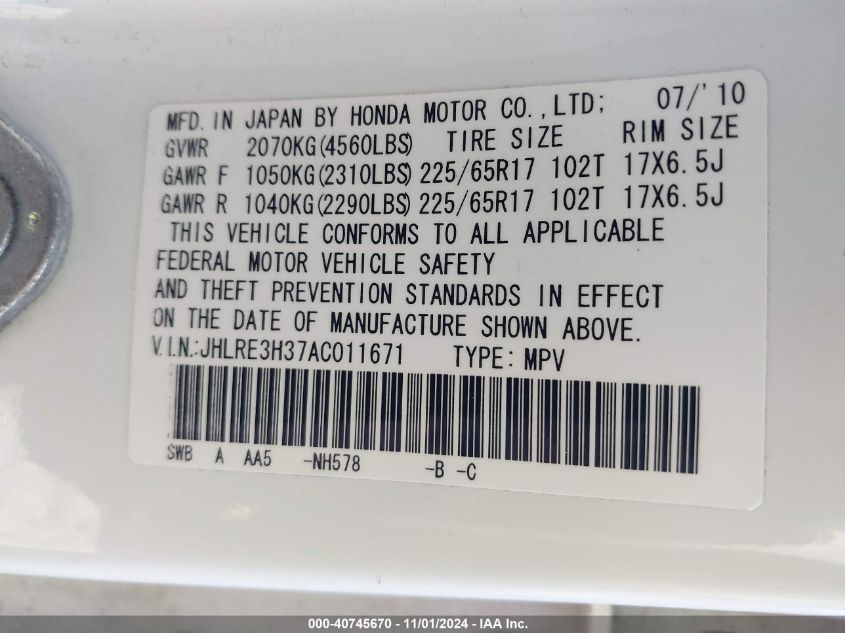 2010 Honda Cr-V Lx VIN: JHLRE3H37AC011671 Lot: 40745670