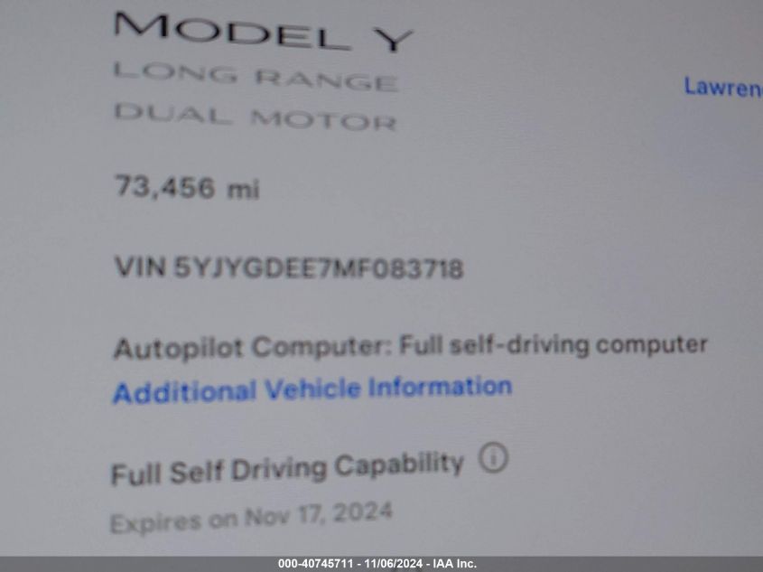 VIN 5YJYGDEE7MF083718 2021 Tesla Model Y, Long Rang... no.9