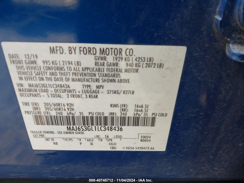 2020 Ford Ecosport Se VIN: MAJ6S3GL1LC348436 Lot: 40745712