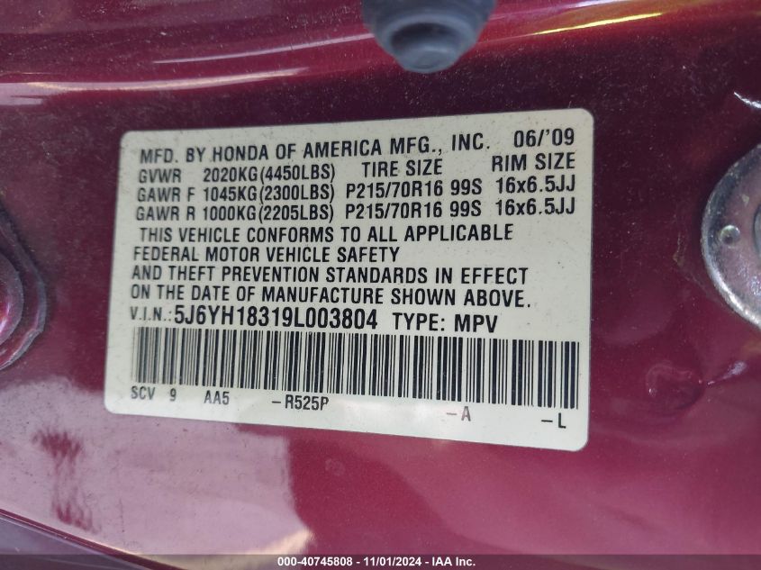 2009 Honda Element Lx VIN: 5J6YH18319L003804 Lot: 40745808