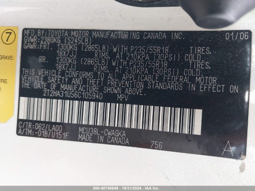 2006 Lexus Rx 330 VIN: 2T2HA31U56C105940 Lot: 40745849