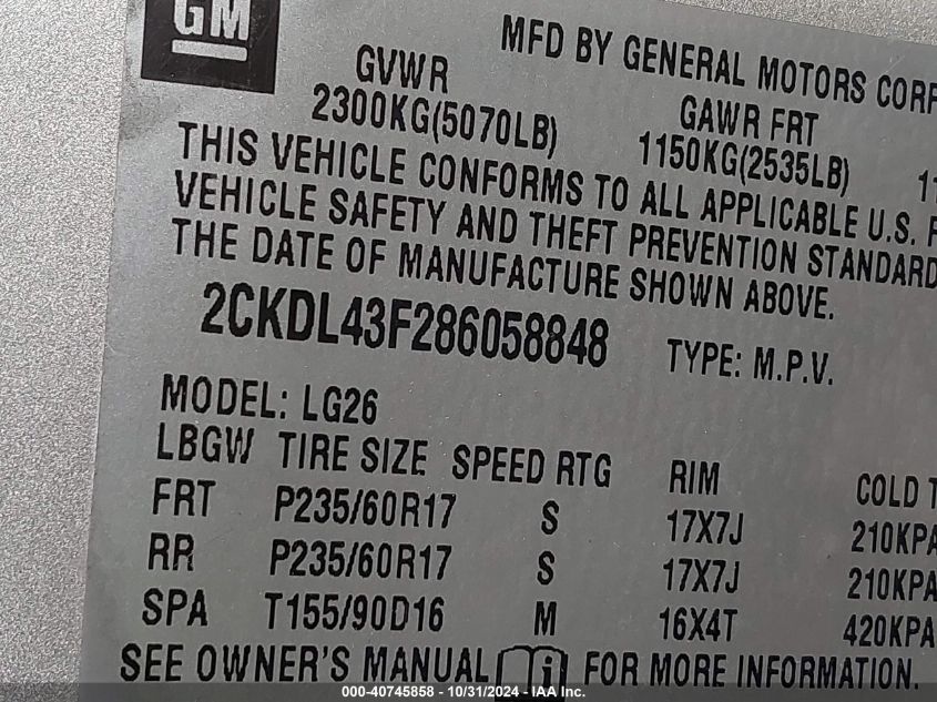 2008 Pontiac Torrent VIN: 2CKDL43F286058848 Lot: 40745858