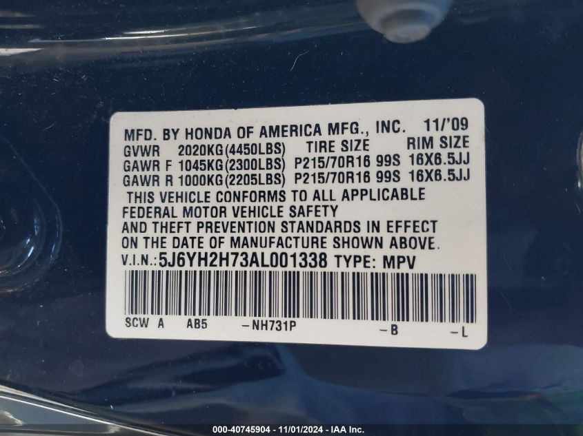 2010 Honda Element Ex VIN: 5J6YH2H73AL001338 Lot: 40745904