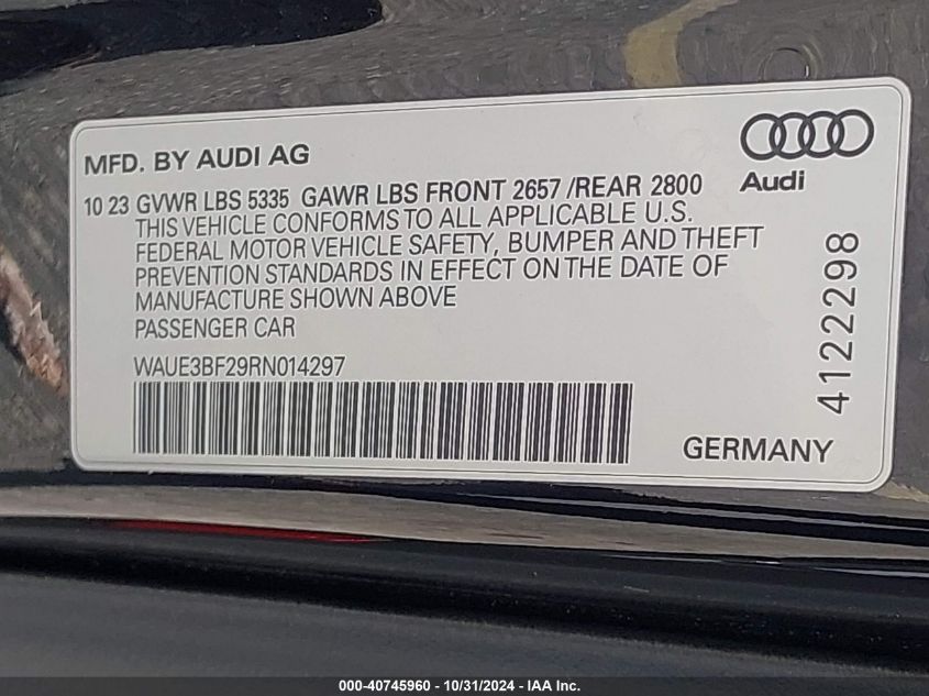 2024 Audi A6 Sedan Premium Plus 45 Tfsi Quattro S Tronic VIN: WAUE3BF29RN014297 Lot: 40745960