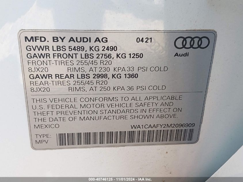 2021 Audi Q5 Prestige 45 Tfsi Quattro S Tronic VIN: WA1CAAFY2M2096909 Lot: 40746125