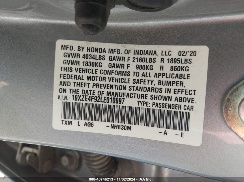 2020 Honda Insight Touring VIN: 19XZE4F92LE010997 Lot: 40746213