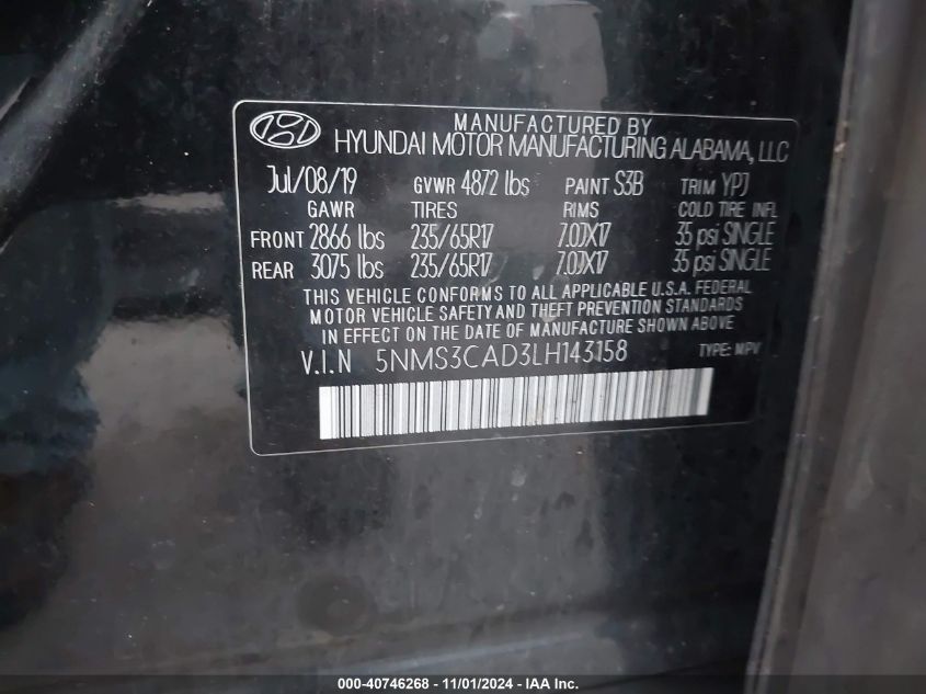 2020 Hyundai Santa Fe Sel VIN: 5NMS3CAD3LH143158 Lot: 40746268