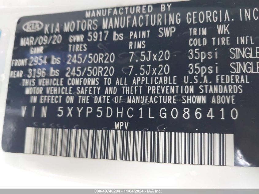 2020 Kia Telluride Sx VIN: 5XYP5DHC1LG086410 Lot: 40746284