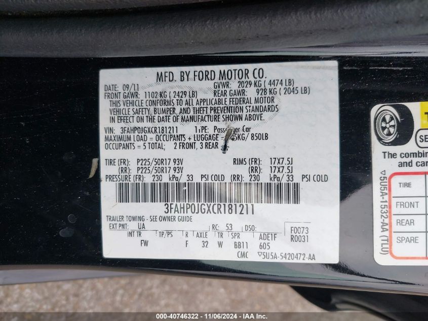 2012 Ford Fusion Sel VIN: 3FAHP0JGXCR181211 Lot: 40746322