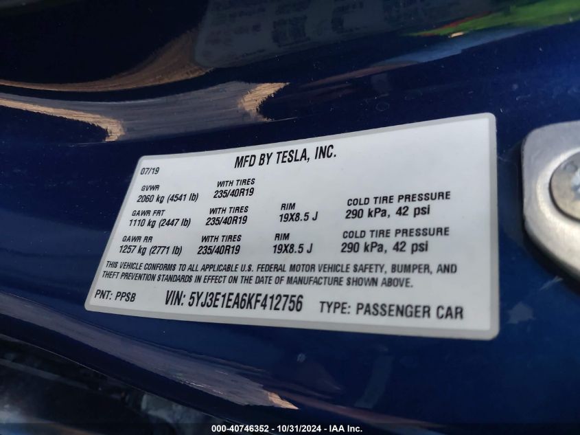 VIN 5YJ3E1EA6KF412756 2019 Tesla Model 3, Long Rang... no.9