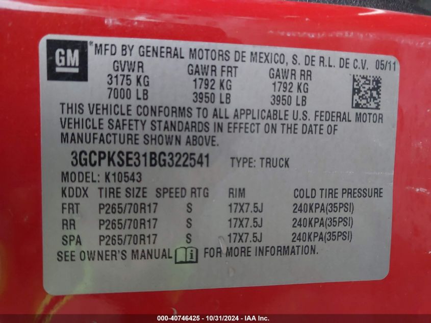 2011 Chevrolet Silverado 1500 Lt VIN: 3GCPKSE31BG322541 Lot: 40746425