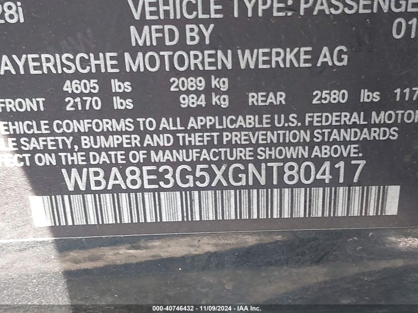 2016 BMW 328I VIN: WBA8E3G5XGNT80417