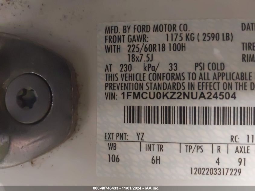 2022 Ford Escape Sel Plug-In Hybrid VIN: 1FMCU0KZ2NUA24504 Lot: 40746433