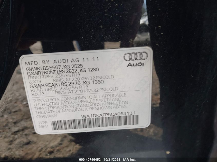 2012 Audi Q5 3.2 Premium Plus VIN: WA1DKAFP5CA064131 Lot: 40746452