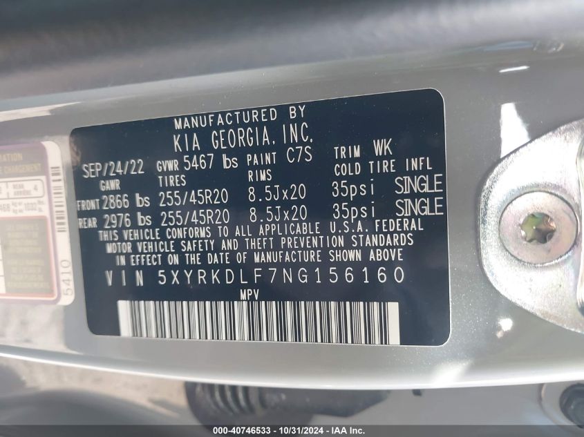 2022 Kia Sorento Sx VIN: 5XYRKDLF7NG156160 Lot: 40746533