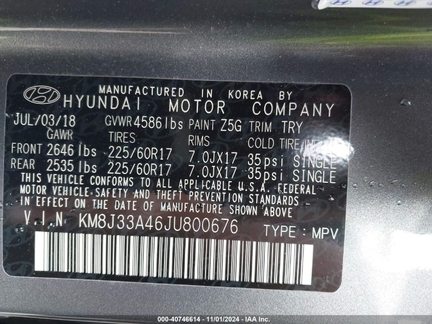 VIN KM8J33A46JU800676 2018 Hyundai Tucson, Sel Plus no.9