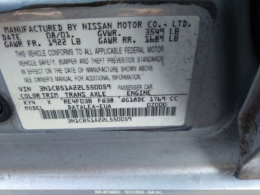 2002 Nissan Sentra Gxe VIN: 3N1CB51A22L550059 Lot: 40746653