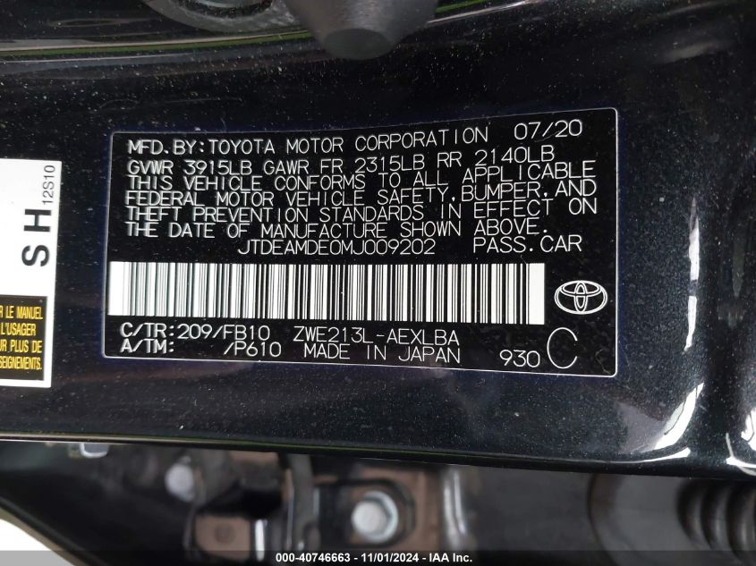 2021 Toyota Corolla Hybrid Le VIN: JTDEAMDE0MJ009202 Lot: 40746663