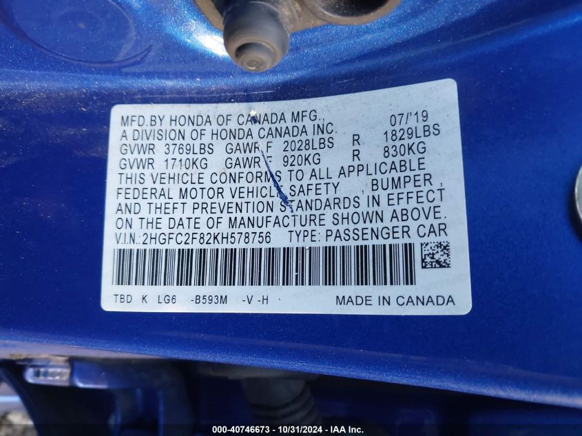 VIN 2HGFC2F82KH578756 2019 HONDA CIVIC no.9