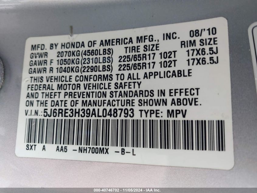 2010 Honda Cr-V Lx VIN: 5J6RE3H39AL048793 Lot: 40746702