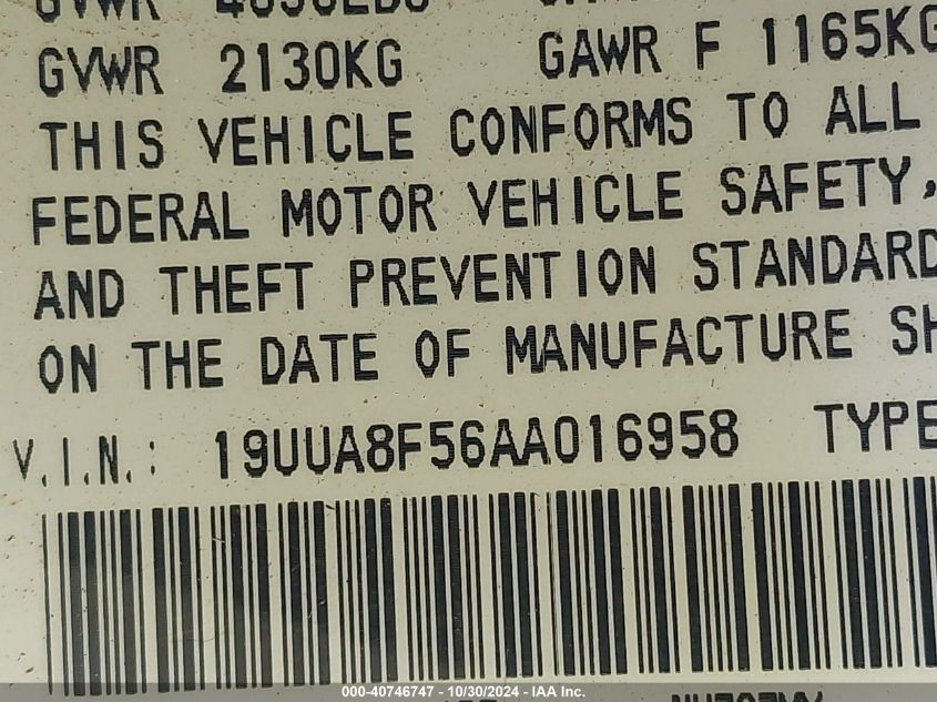 2010 Acura Tl 3.5 VIN: 19UUA8F56AA016958 Lot: 40746747