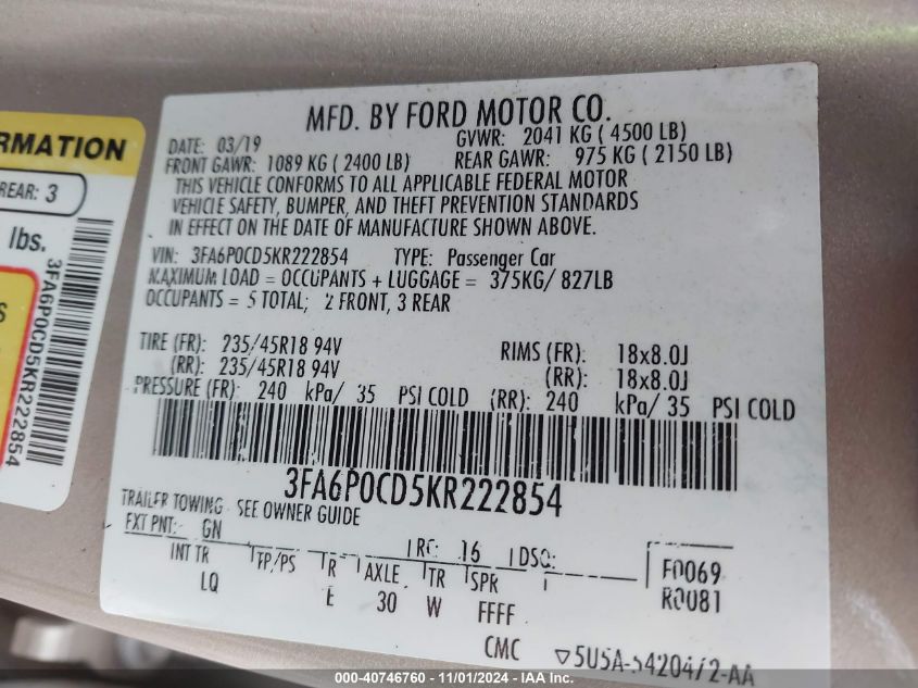 2019 Ford Fusion Sel VIN: 3FA6P0CD5KR222854 Lot: 40746760