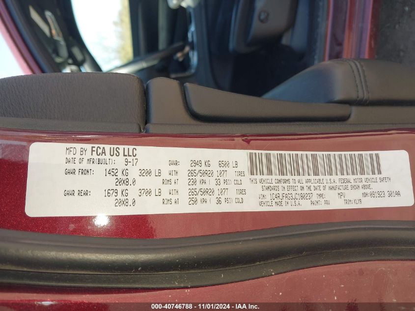 VIN 1C4RJFAG3JC180237 2018 JEEP GRAND CHEROKEE ALTITUDE 4X4