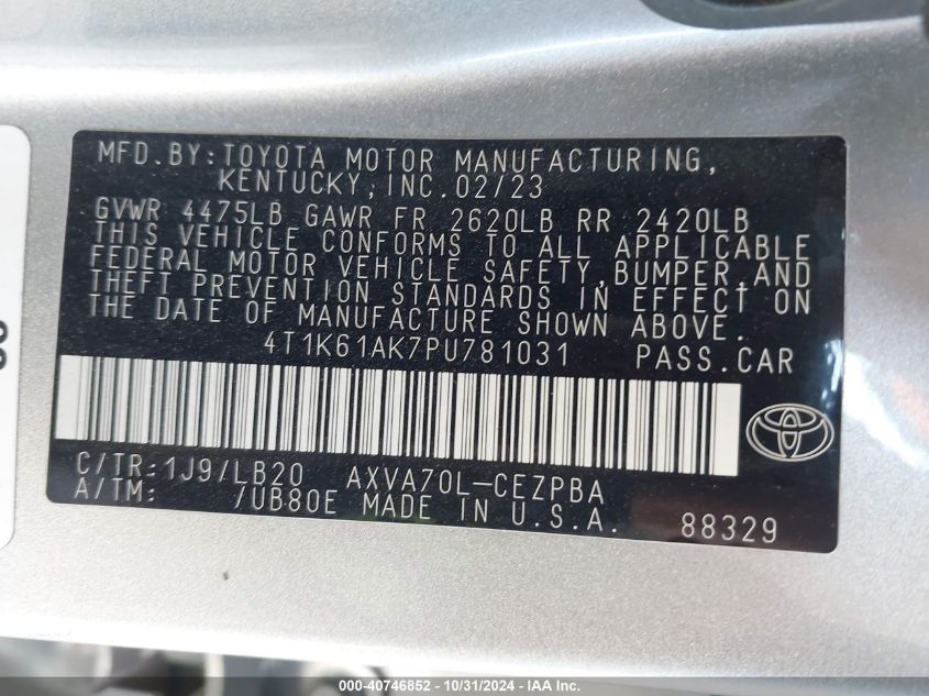 4T1K61AK7PU781031 Toyota Camry XSE 9