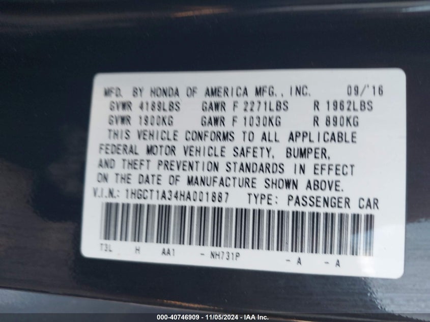 2017 HONDA ACCORD VIN: 1HGCT1A34HA001887